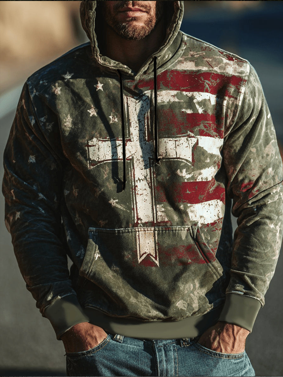 Men's Cross Flag Camo Art Print Casual Hoodie