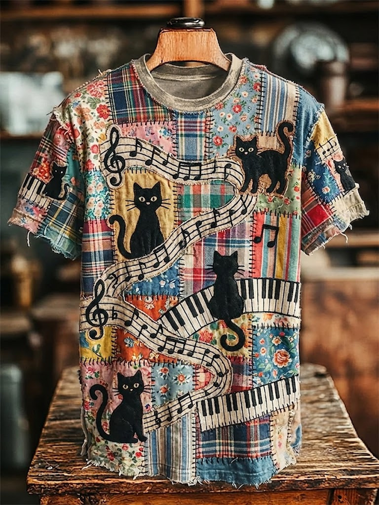 Men's Black Cat Piano Key Ditsy Floral Stitching Print Casual T-Shirt