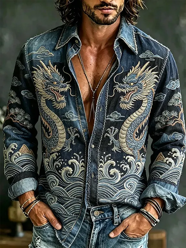 Men's Dragons Waves Japanese Art Print Long Sleeve Shirt