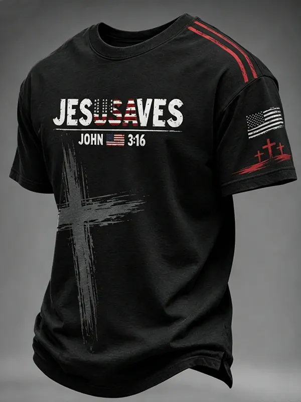 Men's Vintage Jesus Saves John 3:16 American Flag Cross Print Casual T-Shirt