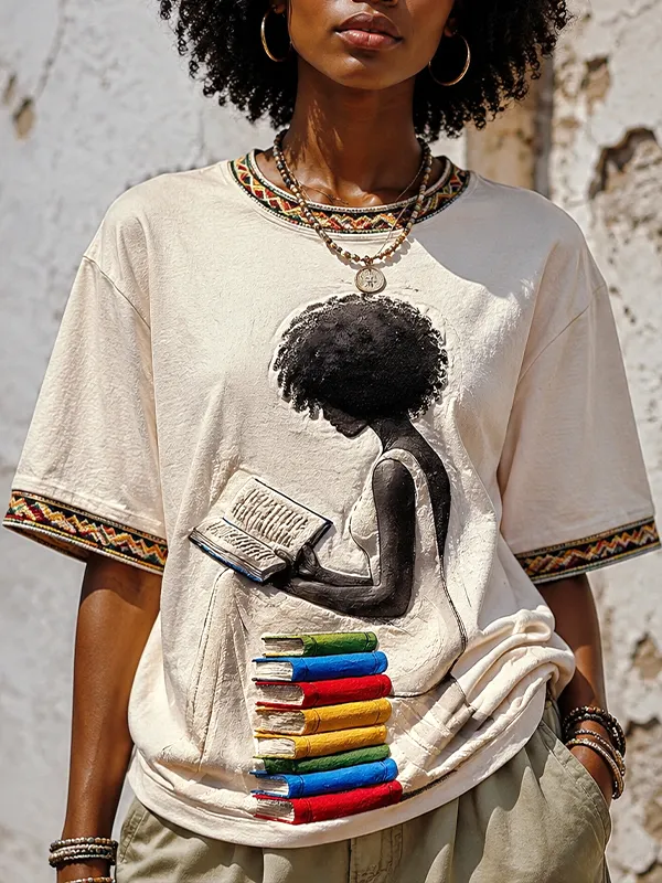 Women's Vintage African American Educational Art Reading Girl Graphic Print Casual T-Shirt
