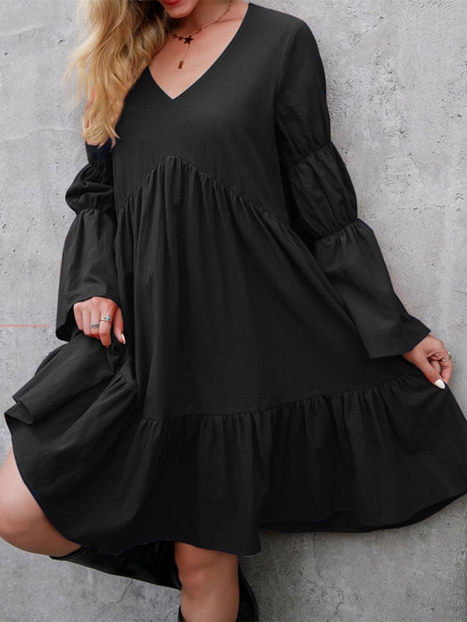 Women's Bohemian Loose Ruffle Long Sleeve Midi Dress