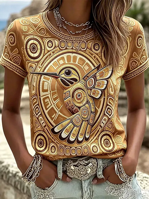 Women's Tribal-Style Golden Hummingbird Art Print Casual T-Shirt