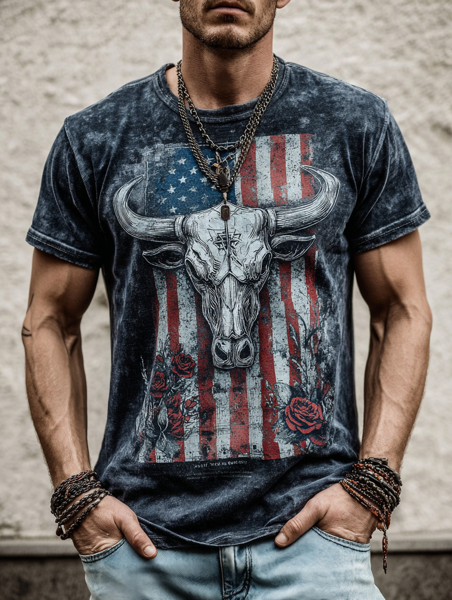 Men's Vintage American Flag Bull Skull And Roses Print T-Shirt