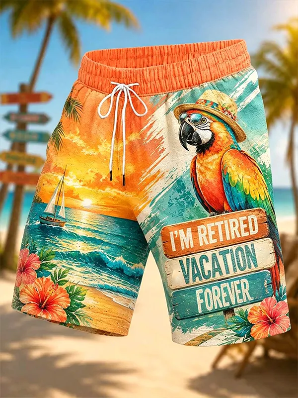 Men's I'm Retired Vacation Forever Sea Parrots And Flowers Art Print Casual Shorts