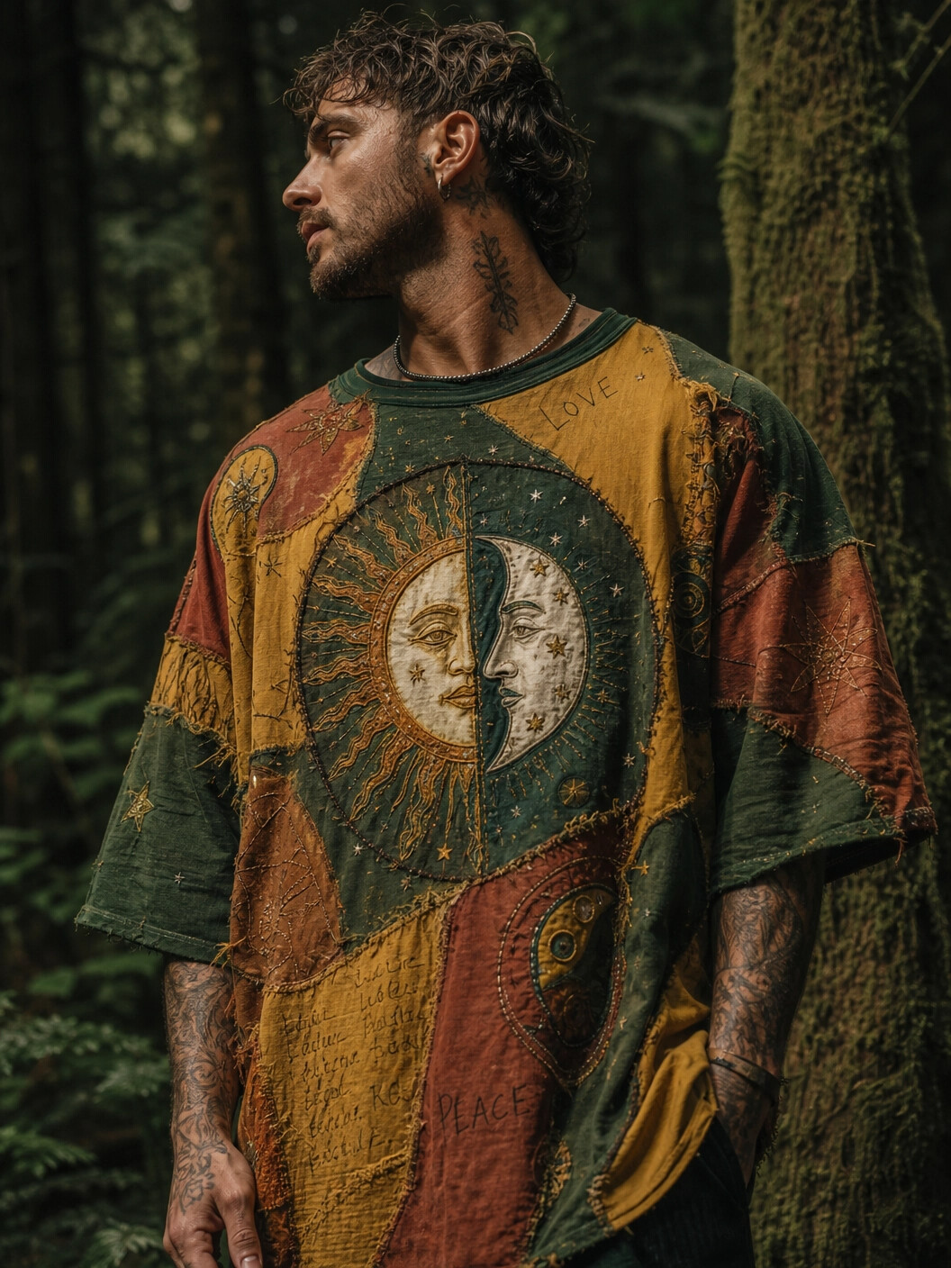 Men's Stitching Art Hippie Mysterious Sun Moon Print Casual T-Shirt