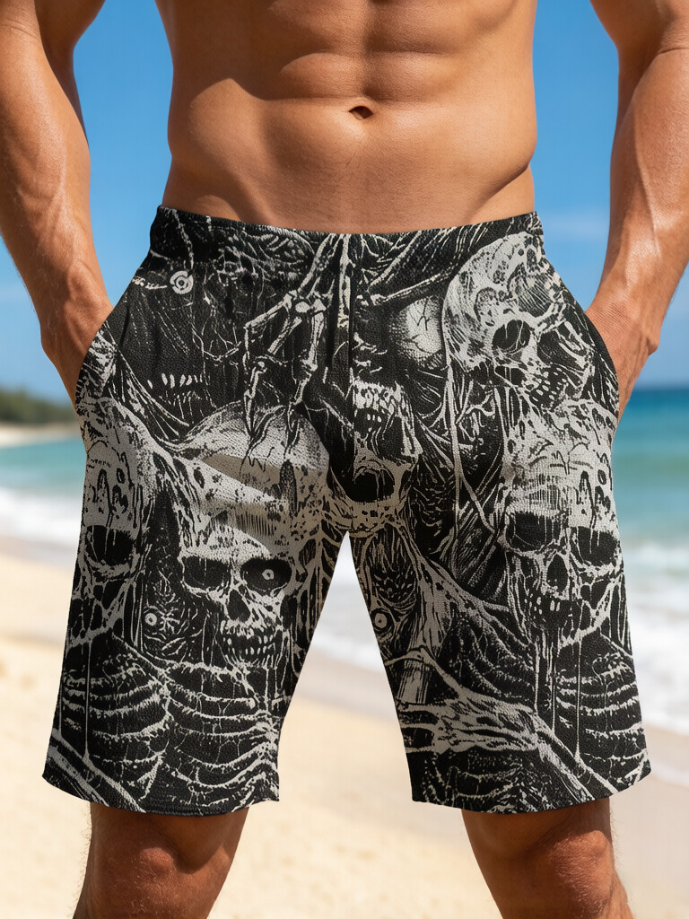 Men's Skeleton Skull Vine Print Casual Shorts