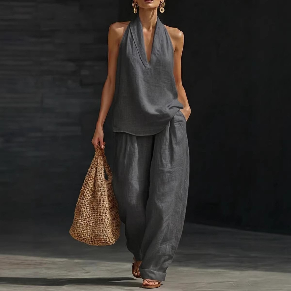 Women's Casual Halter Top & Wide-Leg Pants Set– Halter Top & Wide Leg Pants for Beach & Brunch