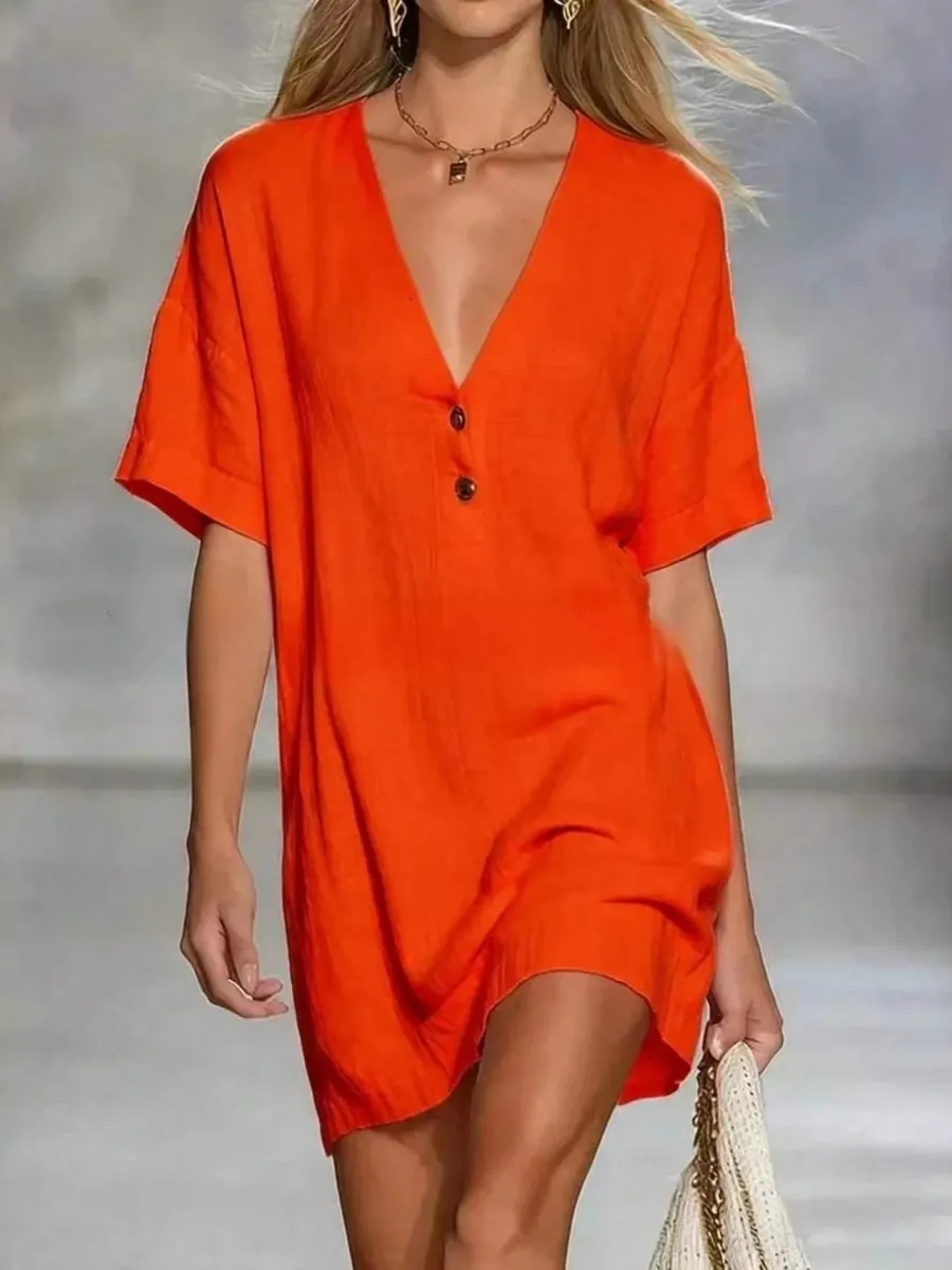 Women'S Dress Casual Loose Fit Short Sleeve Button Front Dress