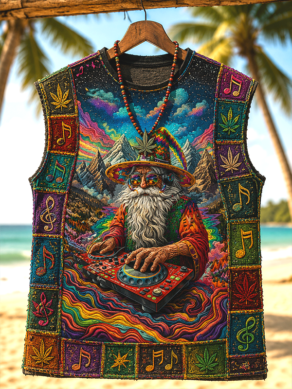 Men's Psychedelic DJ Gnome Music Note Patchwork Cannabis Leaves Hippies Art Print Tank Top
