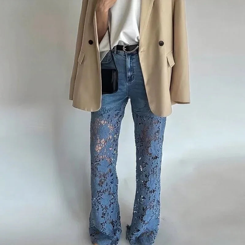 Bethania Jeans in Modern Denim with Handcrafted Floral Lace