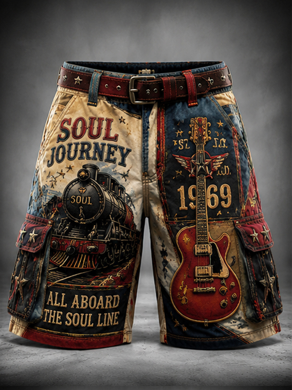 Men's Vintage Patchwork Soul Journey 1969 Electric Guitar Steam Train Art Print Casual Shorts