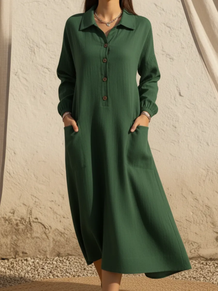 Women's Casual A-line Button Linen Shirt Dress