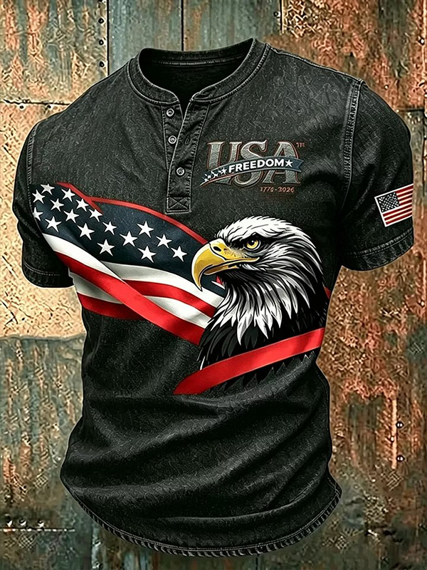 Men's Independence Day Eagle American Flag Art Print Short Sleeve Henley T-Shirt