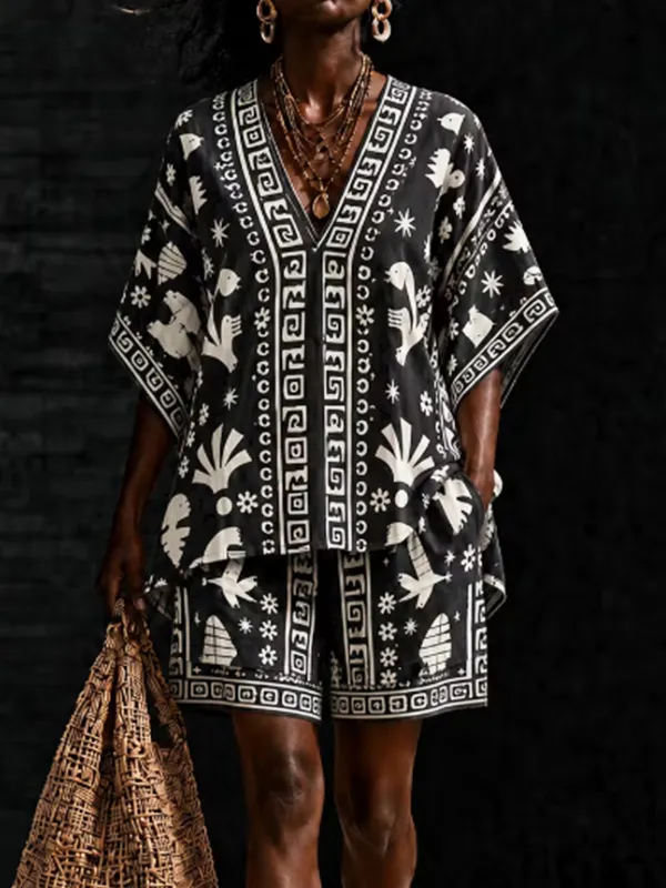 Women's African Art Geometric Totem Print Deep V Neck Half Sleeve T-Shirt Shorts Matching Set