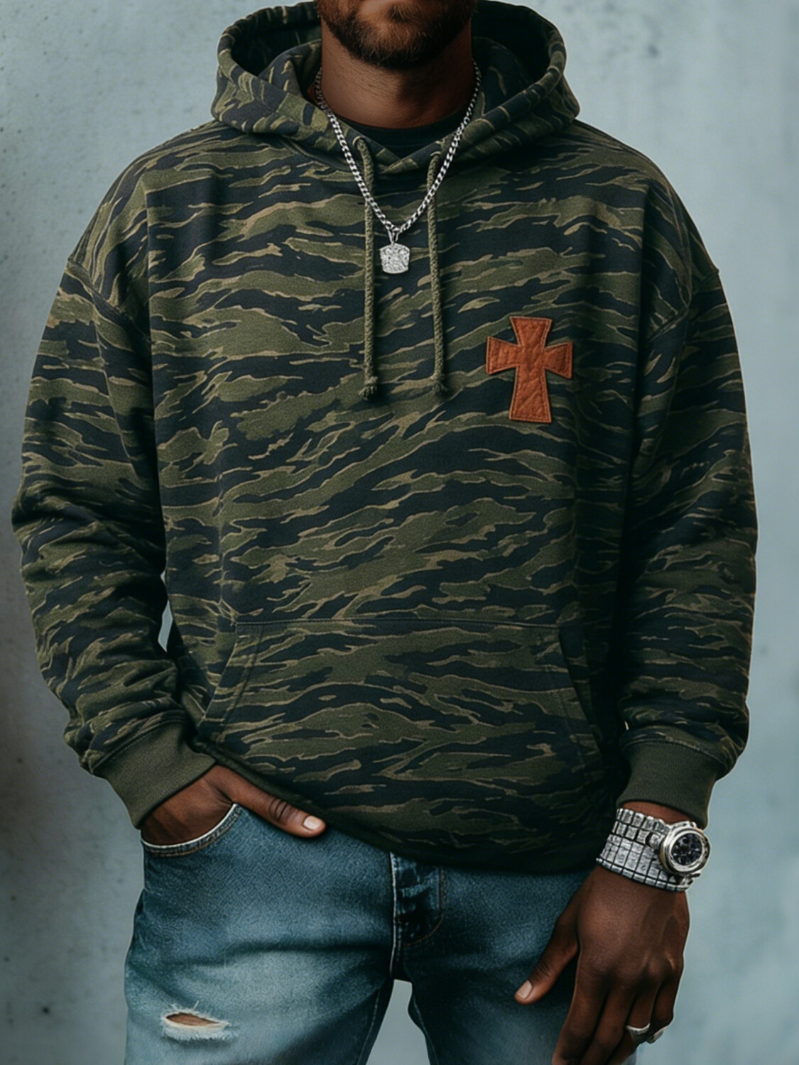 Men's Tiger Stripe Camo Cross Patch Art Print Pocket Hoodie