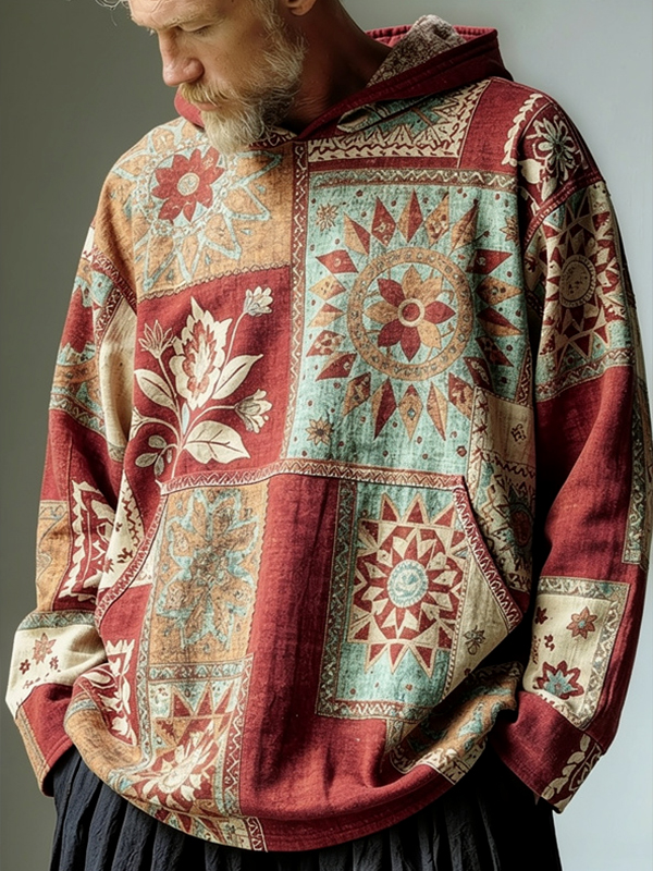 Men's Floral Bohemian Pattern Art Print Pocket Hoodie