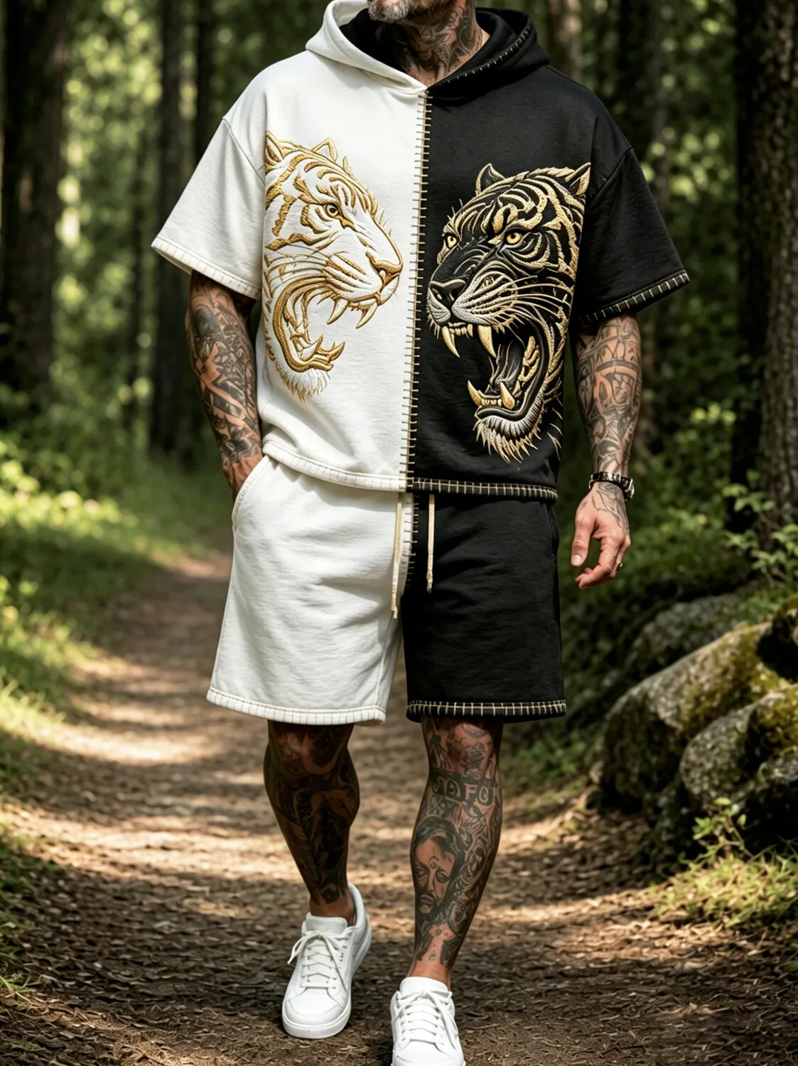 Men's Colorblock Roaring Tiger Symmetrical Art Print Hooded T-Shirt Shorts 2pcs Set