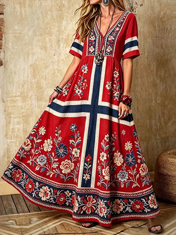 Women's Boho Floral Norwegian Flag Print V Neck Short Sleeve Midi Dress