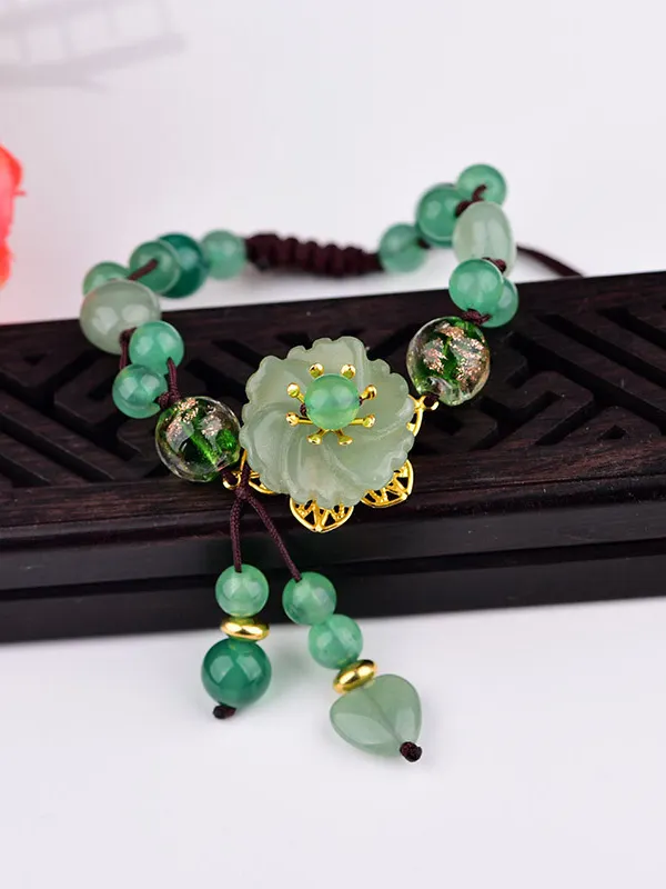 Buddha Stones Natural Green Jade Beaded Luck Dangling Flower Bracelet