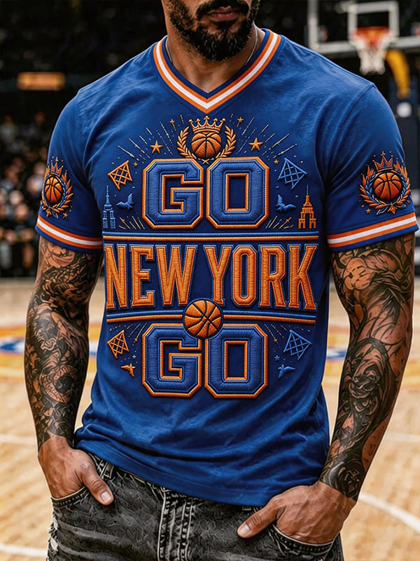 Men's New York Basketball Print Casual V Neck T-Shirt