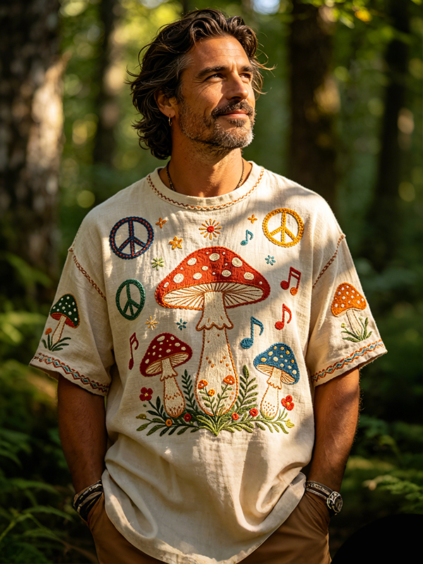 Men's Mushroom Peace Sign And Music Note Print T-Shirt