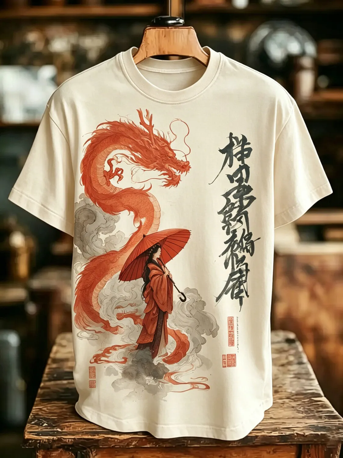Men's Ink-Wash Oriental Art Dragon Print Casual T-Shirt