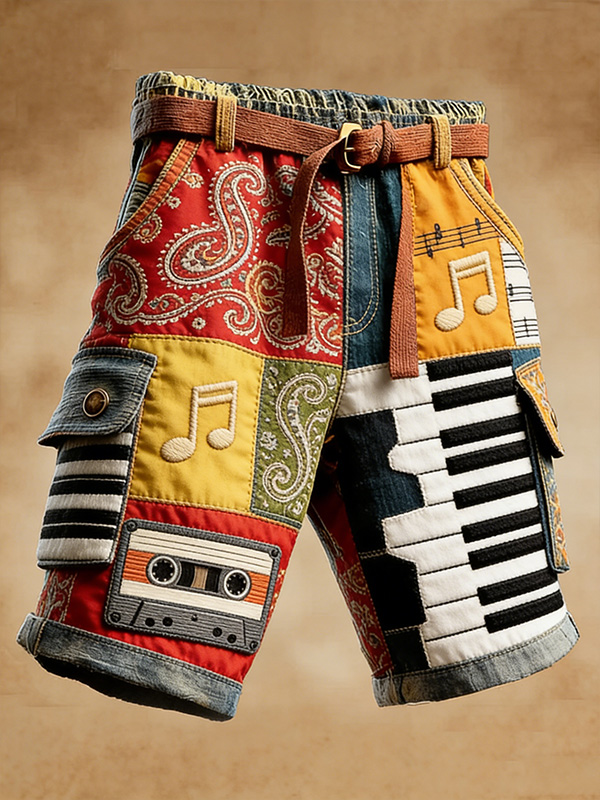 Men'S Retro Music Color Patchwork Art Print Denim-Like Casual Shorts