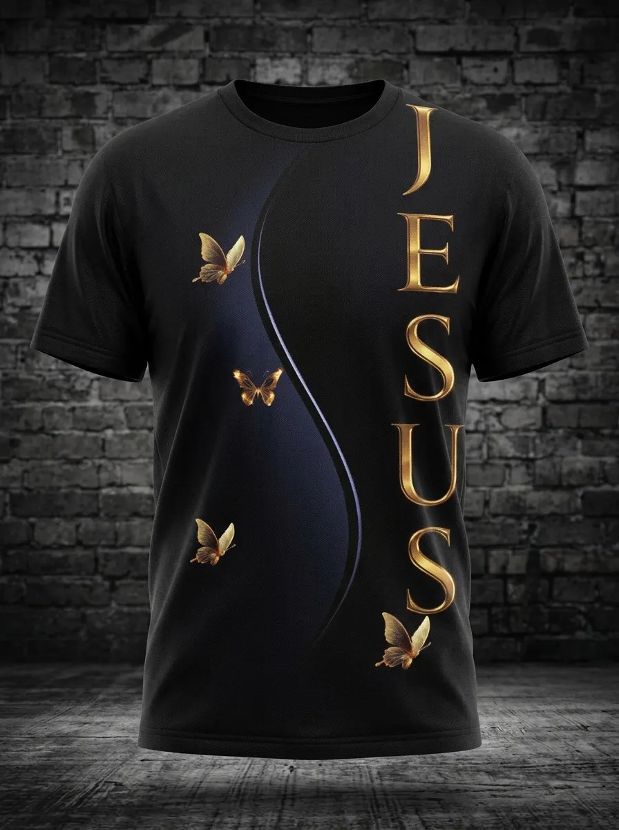 Men's Gradient Gold Vertical JESUS Letter & Butterfly Art Print T-Shirt
