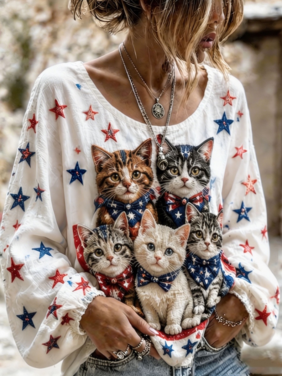 Women's American Flag & Cat Design Long-Sleeve Linen Shirt