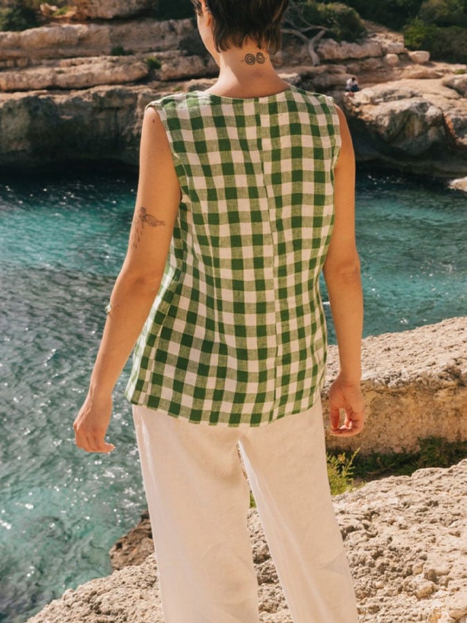 Women's cotton and linen plaid tie sleeveless shirt
