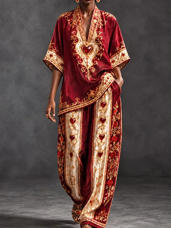 Women's Retro Baroque Style Vacation Print Deep V Neck Half Sleeve T-Shirt Wide Leg Pants Matching Set