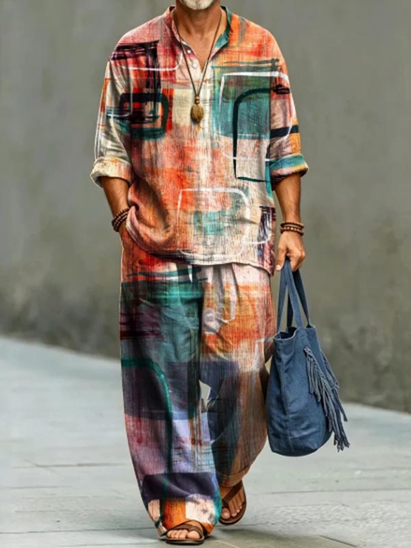 Men's Tie-Dye Colorblock Print Half Button Long Sleeve Shirt Pants 2pcs Set