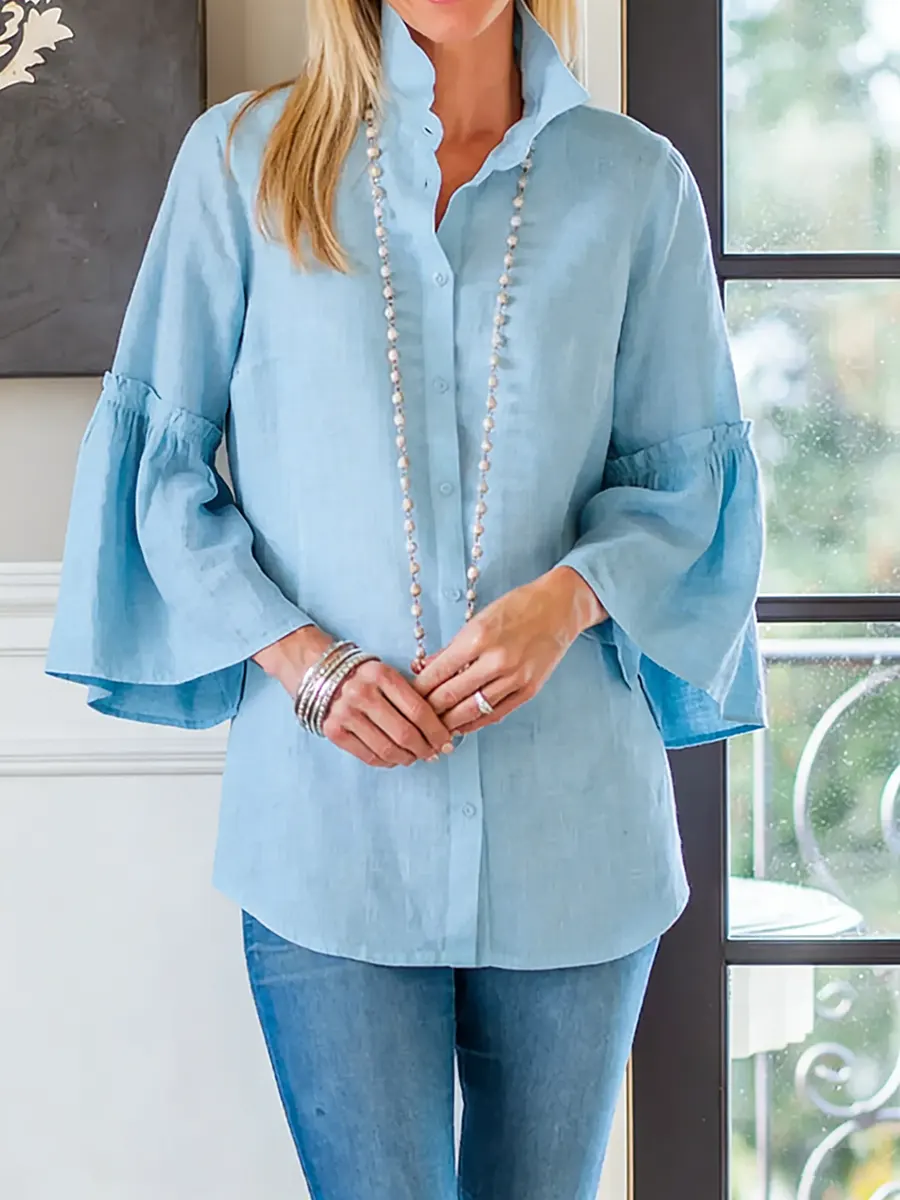 Women's Solid Color Lapel 3/4 Sleeve Casual Loose Cotton And Linen Shirt