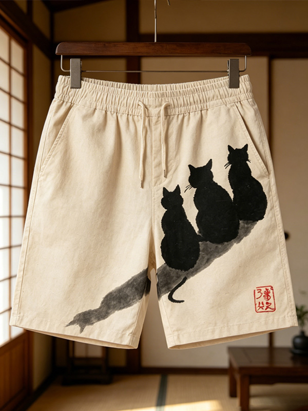 Men's Ink Wash Three Black Cat Branch Art Print Casual Shorts