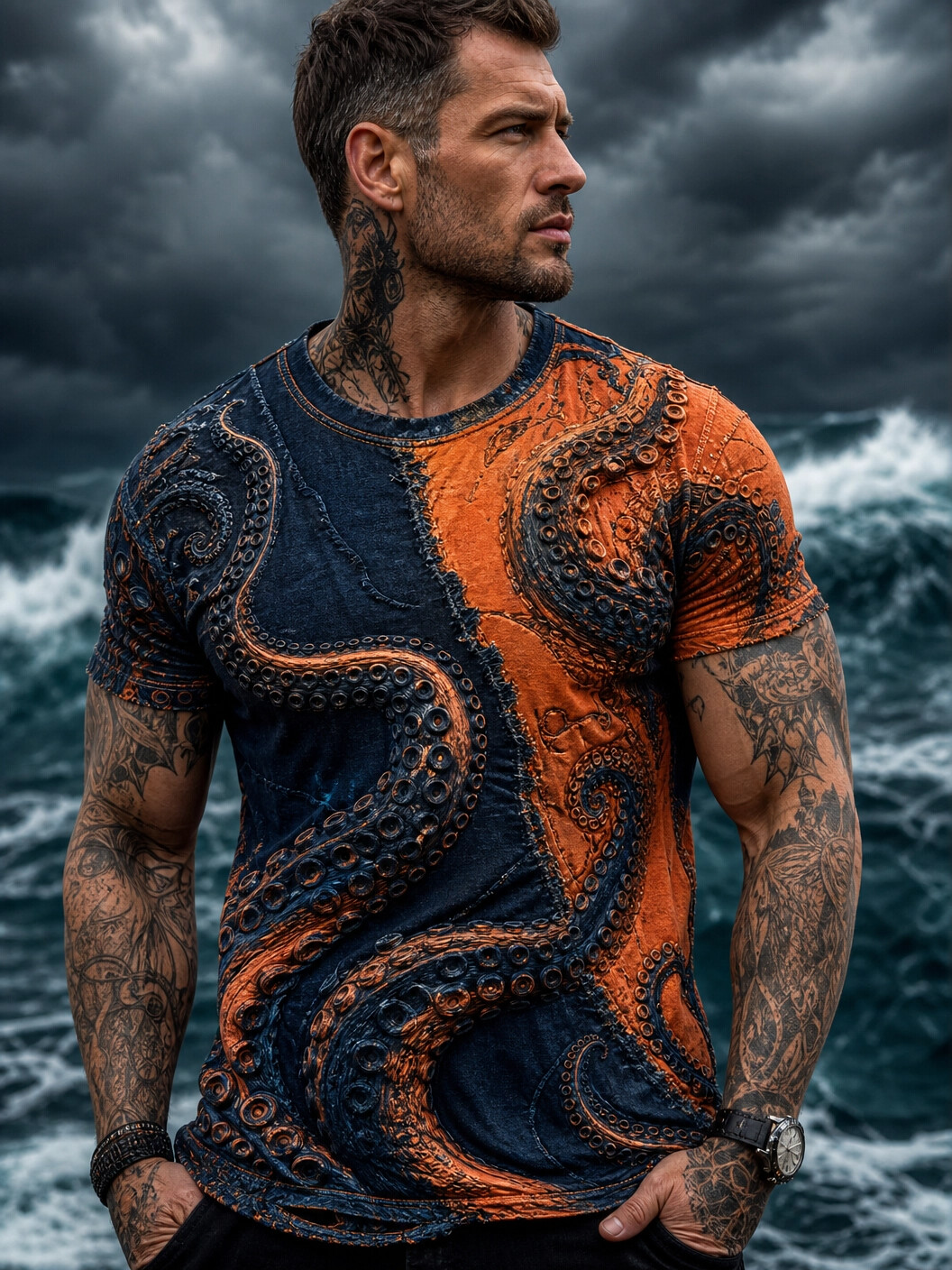 Men's Dark Art Cthulhu Octopus Print Casual T-Shirt