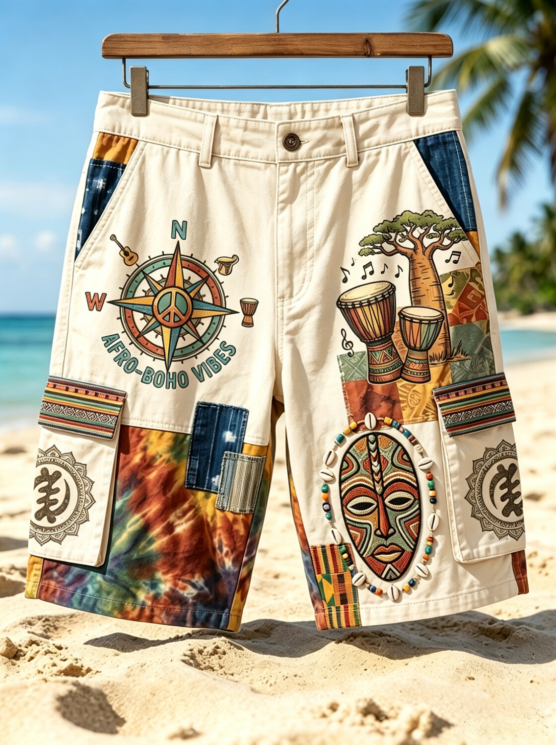 Men's Afro Folk Art Mask Drum Graphic Print Cargo Shorts