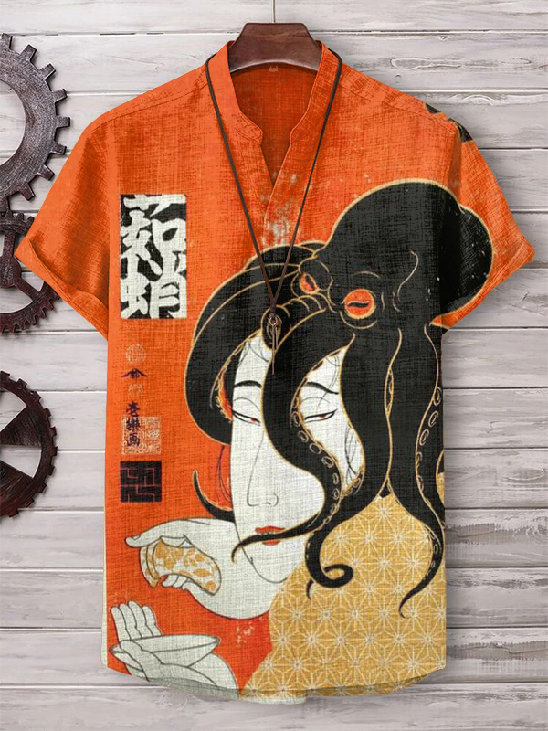 Men's Japanese Geisha Art Print Casual V Neck T-Shirt
