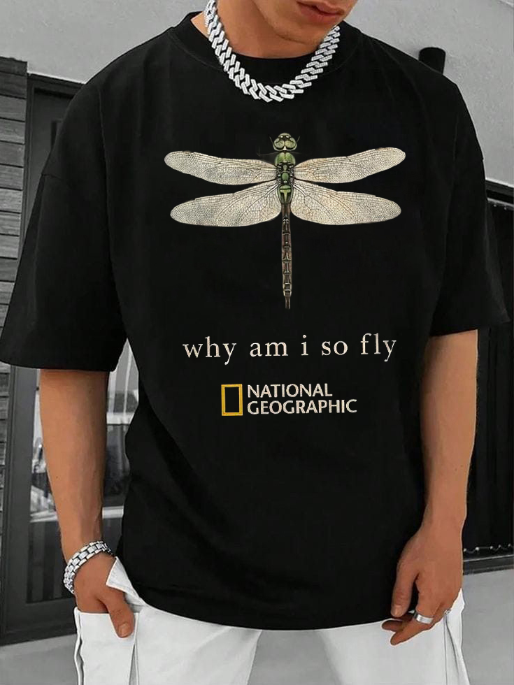 Men's Dragonfly Graphic Why Am I So Fly Print Cotton Casual T-Shirt