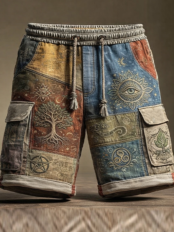 Men's Mysterious Tree And Eyes Hippie Art Print Drawstring Waist Denim-Like Casual Shorts