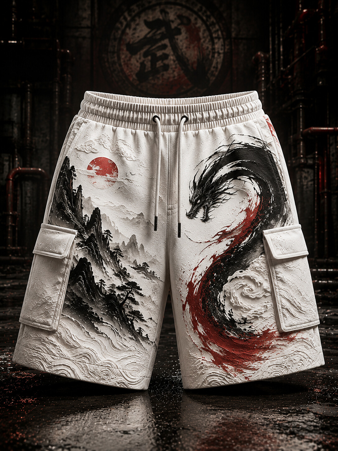 Men's Ink Wash Dragon And Mountain Yin-Yang Style Print Drawstring Waist Shorts