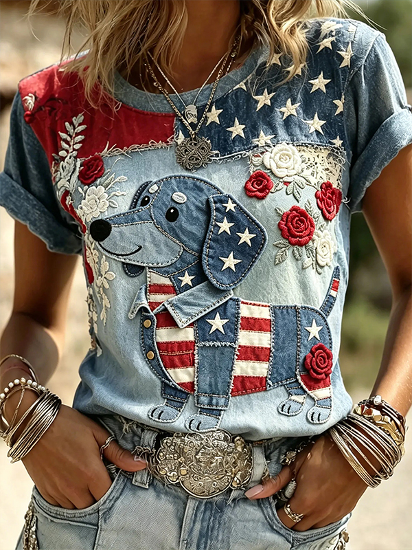 Women's Independence Day Dachshund Star Stripes Art Print Casual T-Shirt