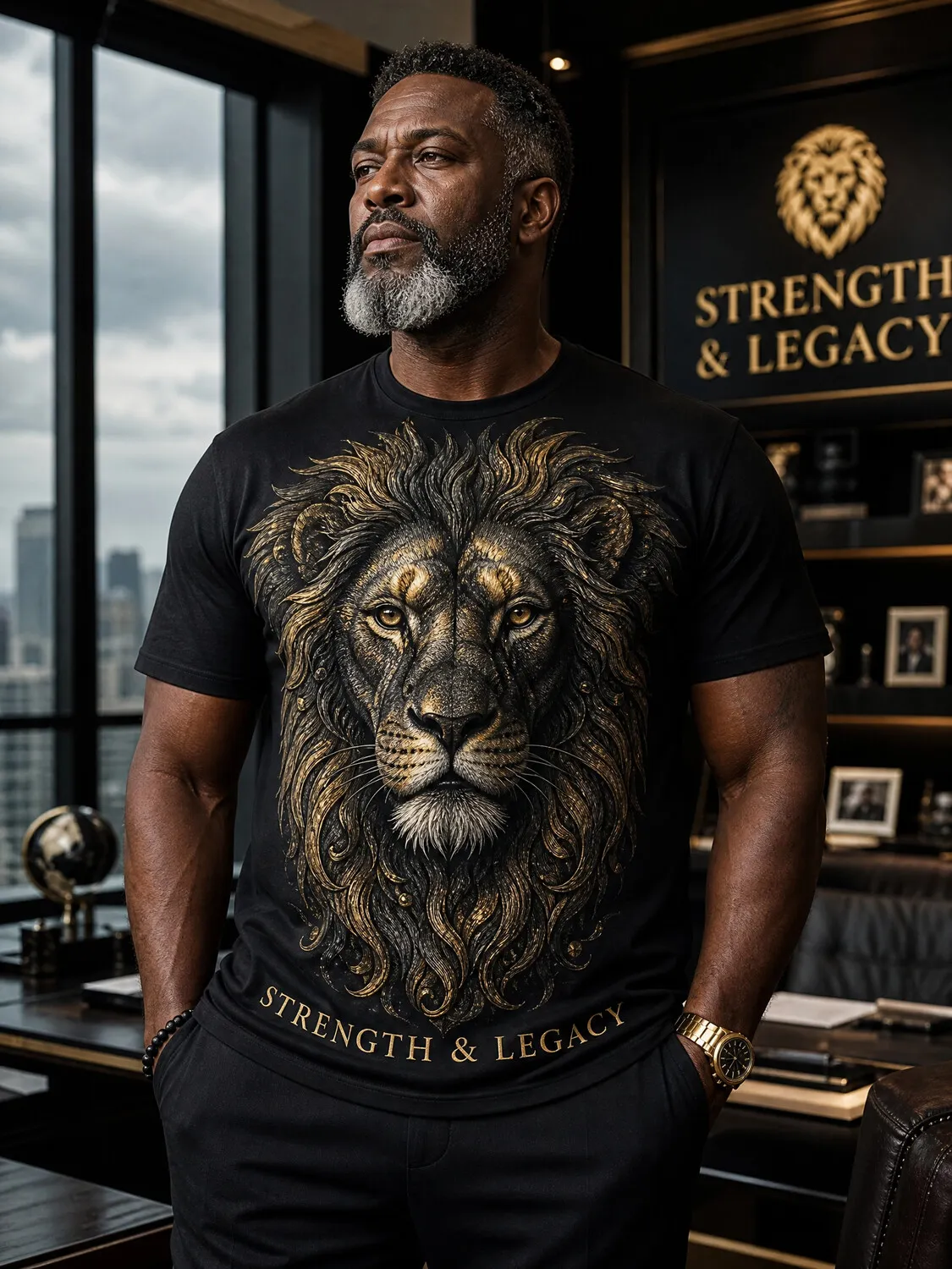 Men's Golden Lion Head Print Casual T-Shirt