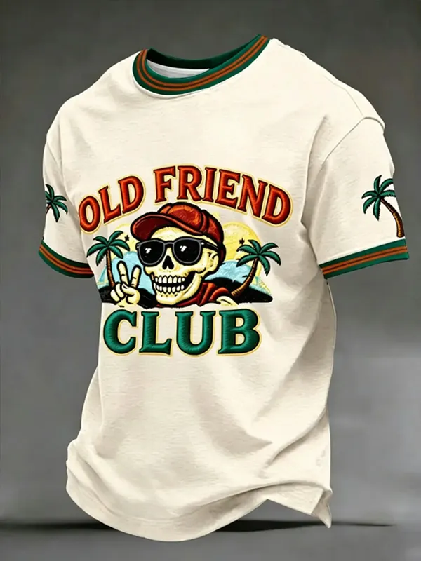 Men's Old Friend Club Vintage Tropical Skull Art Print T-Shirt