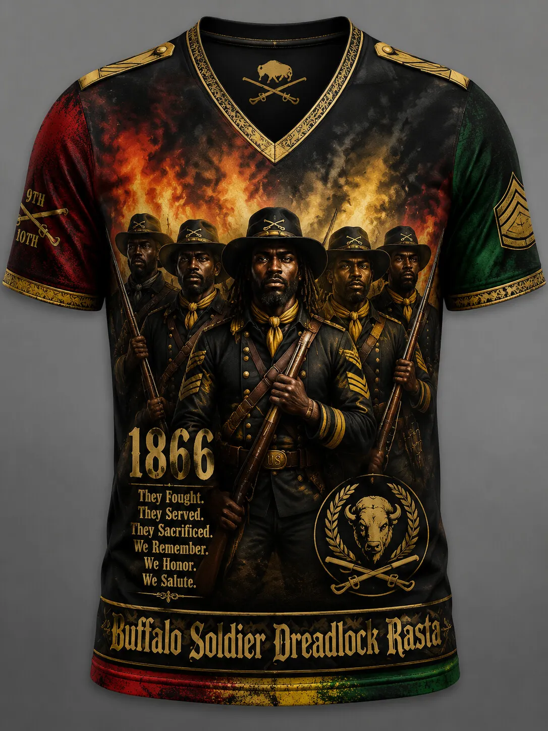 Men's Buffalo Soldiers Vintage Illustration Print Casual V Neck T-Shirt