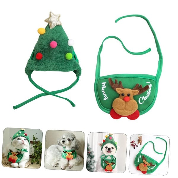 Dog and Cat Christmas Matching Costumes-Tree Pompon Hat & Reindeer Bib Set