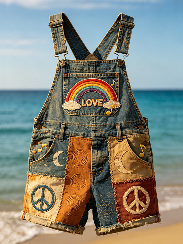 Men's Rainbow Peace Symbol Hippie Art Sun And Moon Print Shorts Overalls