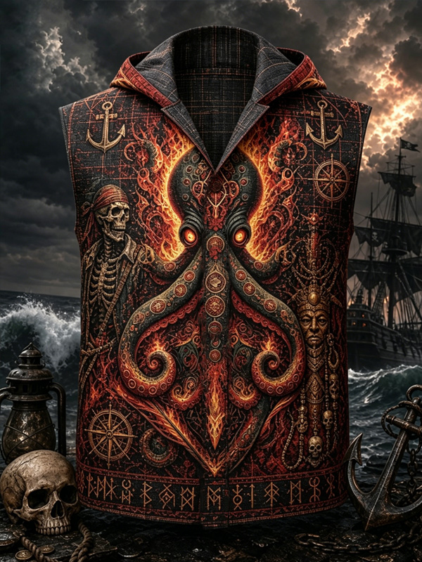 Men's Octopus Pirate Skull Anchor Nautical Art Print Hooded Tank Top