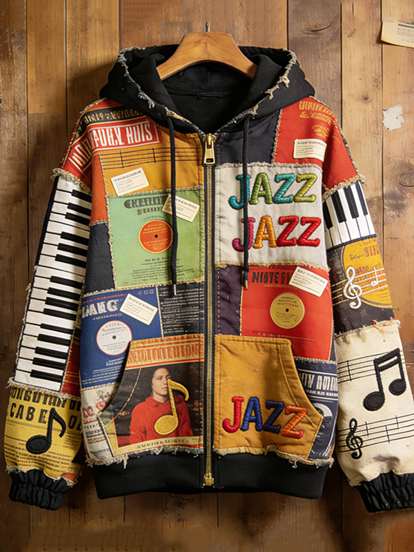Men's Retro Jazz Music Poster Patch Print Hooded Zip Up Jacket
