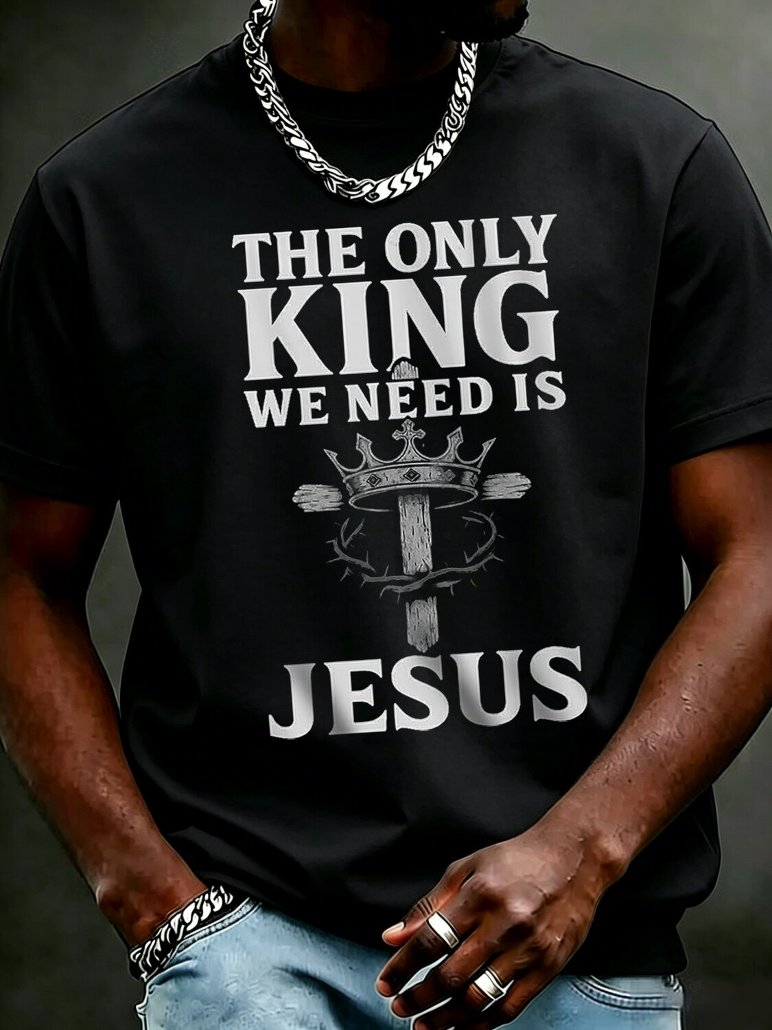 Men's The Only King We Need Is Jesus Crown Art Print Cotton Casual T-Shirt
